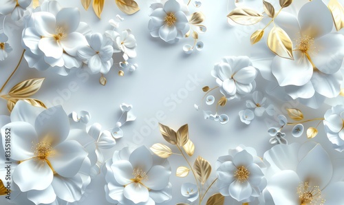Fototapeta Naklejka Na Ścianę i Meble -  3d render, abstract background with white paper flowers and golden leaves, floral botanical wallpaper