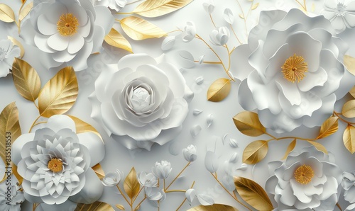 Fototapeta Naklejka Na Ścianę i Meble -  3d render, abstract background with white paper flowers and golden leaves, floral botanical wallpaper