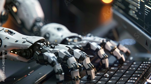 A hand robot is typing on a keyboard . Concept of creativity and productivity, as the hand is actively engaged in typing. engaged in work or communication