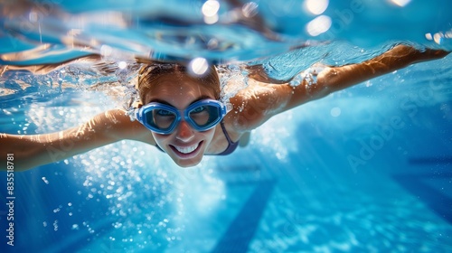 smiling young active woman swimming underwater in the pool. Generative ai © Andrii