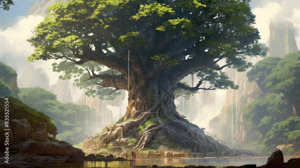 Digital art of fantasy landscape with giant tree and figure by the ...