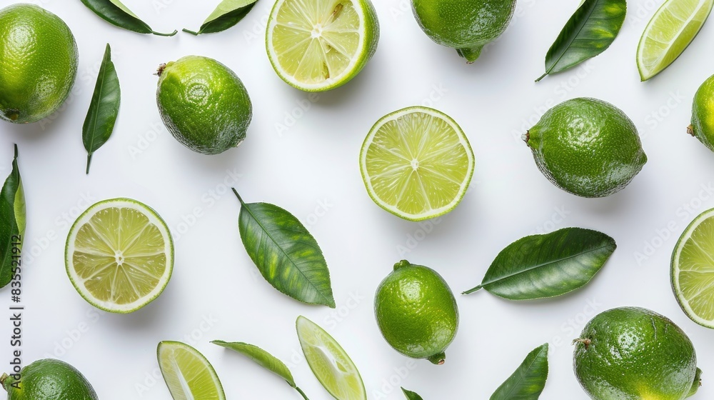 Fresh ripe limes with green leaves on a white background both whole and sliced arranged in a flat lay Fresh ripe limes with green leaves on a white background both whole and sliced arranged in a flat lay