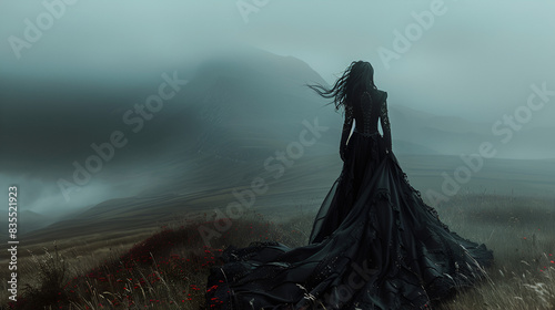 satanic bride in strange valley with fog, halloween scary concept, dark gothic lady, creepy wallpaper