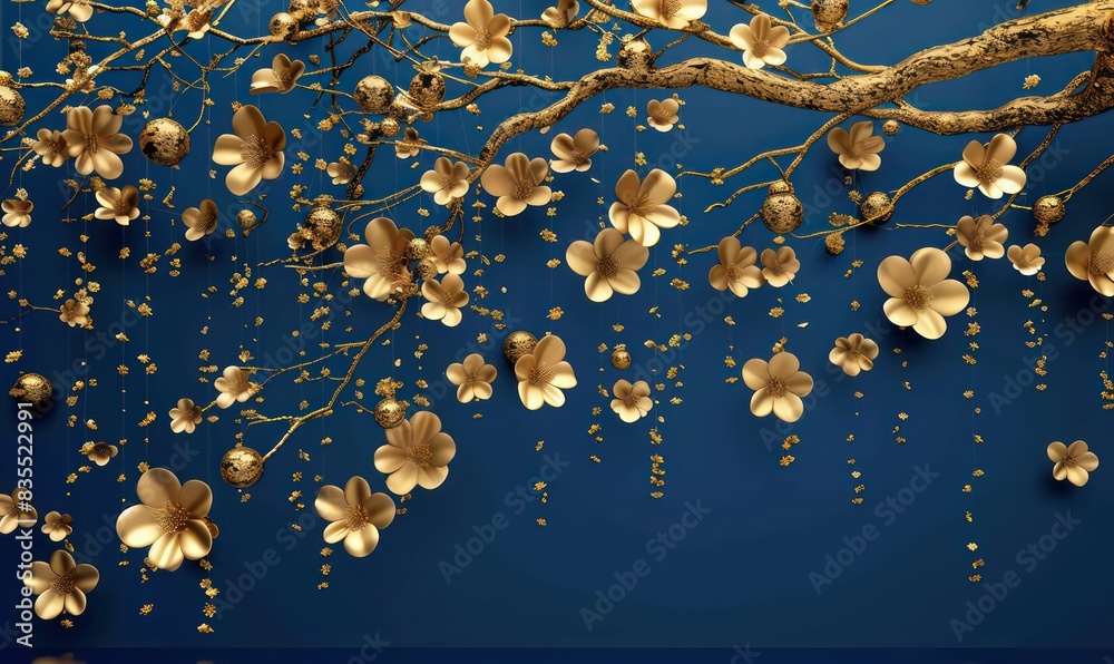 Elegant gold and royal blue floral tree with leaves and flowers hanging branches illustration background. 3D abstraction wallpaper for interior Elegant gold and royal blue floral tree with leaves and flowers hanging branches illustration background. 3D abstraction wallpaper for interior
