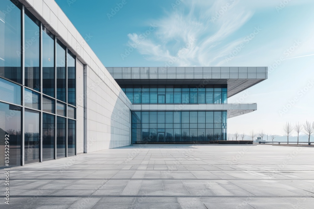 Fototapeta premium A sleek, minimalist modern building with clean lines and large glass windows, standing on an empty, expansive plaza with smooth concrete surfaces and subtle geometric patterns 
