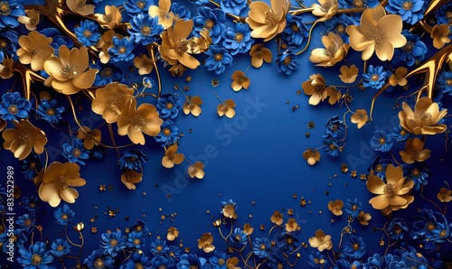 Fototapeta Naklejka Na Ścianę i Meble -  Elegant gold and royal blue floral tree with leaves and flowers hanging branches illustration background. 3D abstraction wallpaper for interior