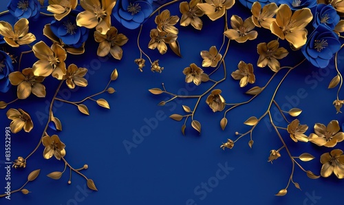 Fototapeta Naklejka Na Ścianę i Meble -  Elegant gold and royal blue floral tree with leaves and flowers hanging branches illustration background. 3D abstraction wallpaper for interior