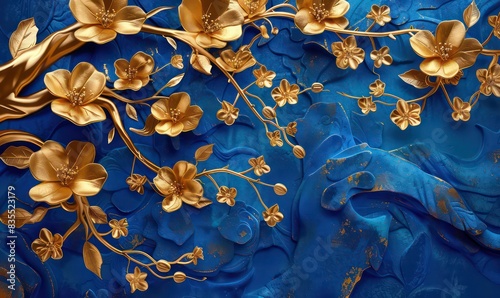 Fototapeta Naklejka Na Ścianę i Meble -  Elegant gold and royal blue floral tree with leaves and flowers hanging branches illustration background. 3D abstraction wallpaper for interior
