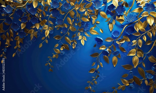 Fototapeta Naklejka Na Ścianę i Meble -  Elegant gold and royal blue floral tree with leaves and flowers hanging branches illustration background. 3D abstraction wallpaper for interior