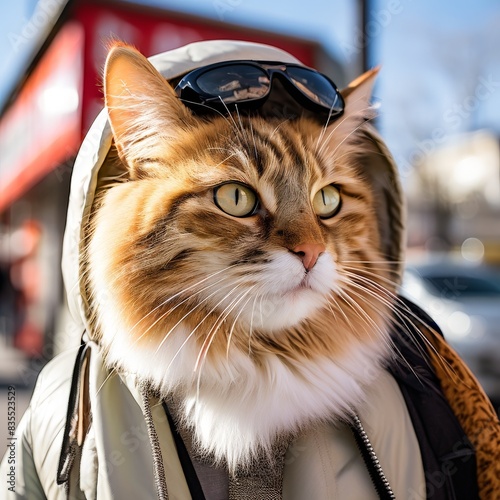 a cat sits in street cafe and looks at citya city photo