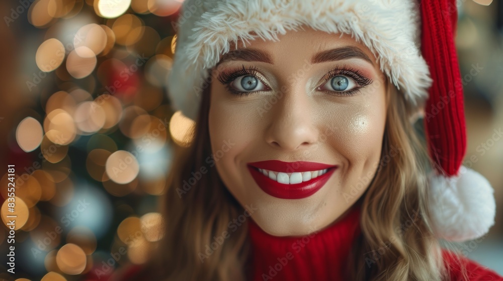 A woman with a red hat and red lipstick is smiling at the camera A woman with a red hat and red lipstick is smiling at the camera
