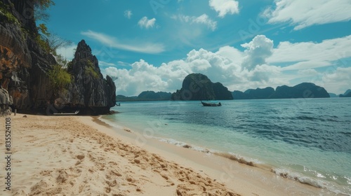 A beautiful beach with a boat in the water © Space Priest