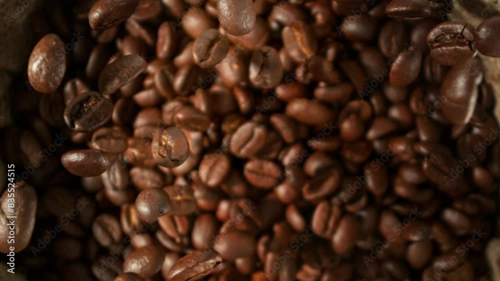Super Slow Motion Shot of Falling and Rotating Coffee Beans Followed by Camera Motion at 1000fps. Super Slow Motion Shot of Falling and Rotating Coffee Beans Followed by Camera Motion at 1000fps.