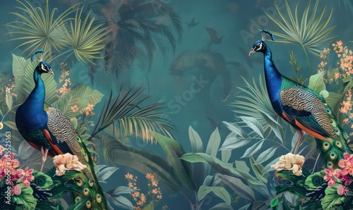 Tropical vintage peacock bird, palm tree and plant floral seamless border blue background. Exotic jungle wallpaper.