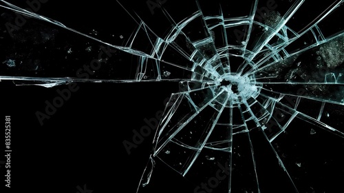 shattered broken glass car window on black background, for overlay and screen layer modes