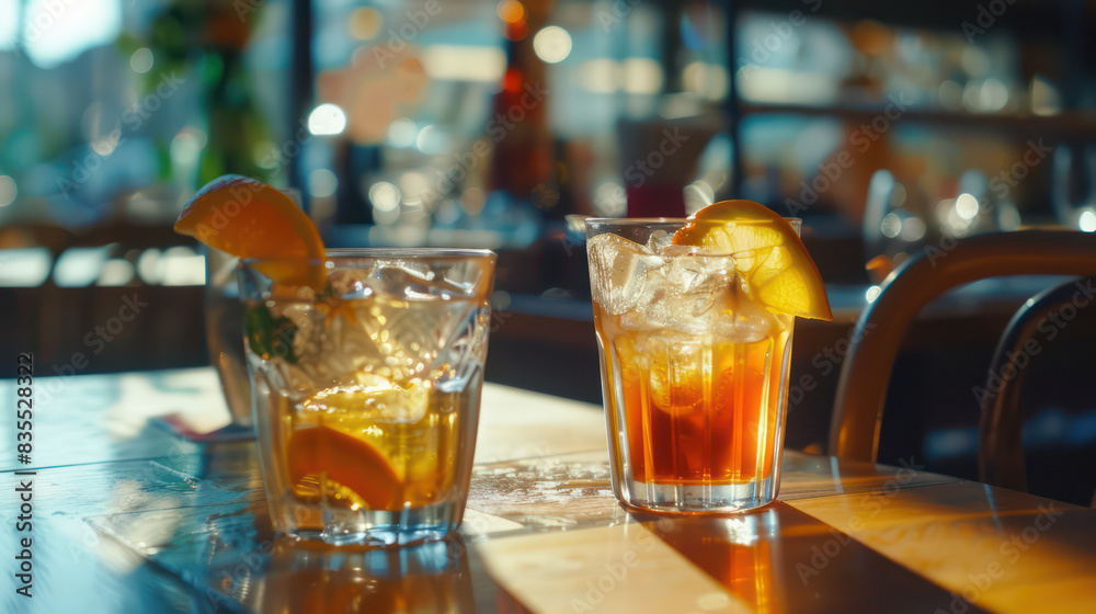 Cocktails long island tea in shot glasses on the counter bar 
