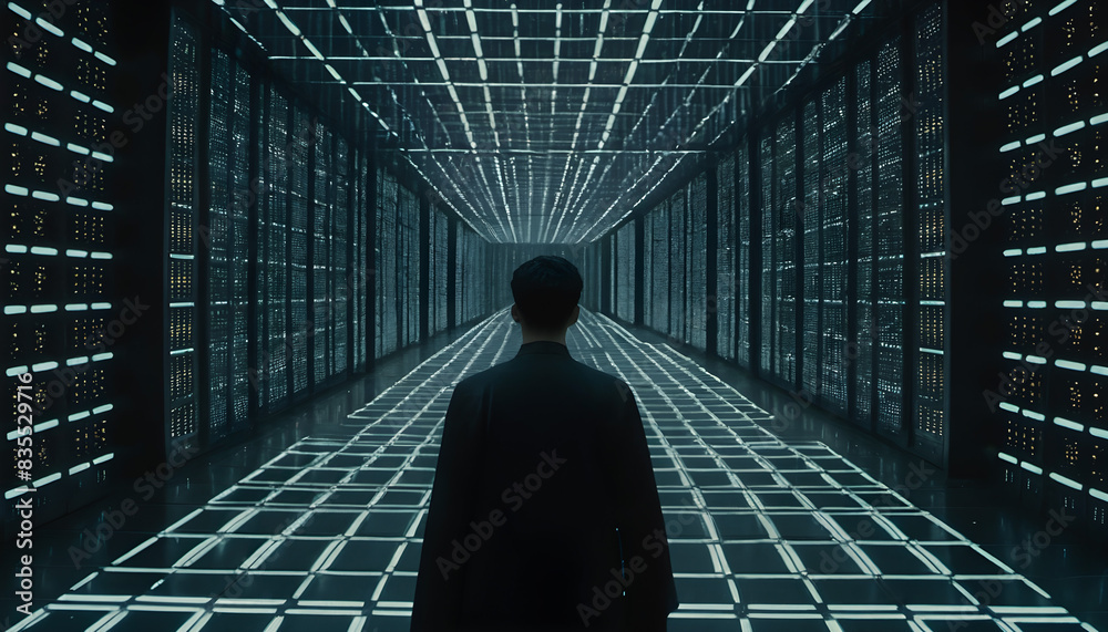 Obraz premium Person in Futuristic Data Center Hallway