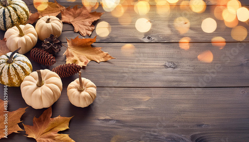 Festive arrangement of pumpkins  pine cones  and fallen leaves on rustic wooden boards with a warm  bokeh light background
