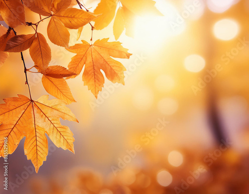 Close up of vibrant autumn leaves with a warm golden sunlight backdrop creating a peaceful and serene seasonal background
