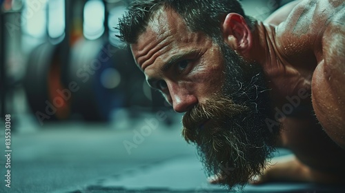 Focused bearded man doing floor push-ups while training at gym, handsome muscular male athlete showing determination and strength during intense workout session, side view with copy space photo
