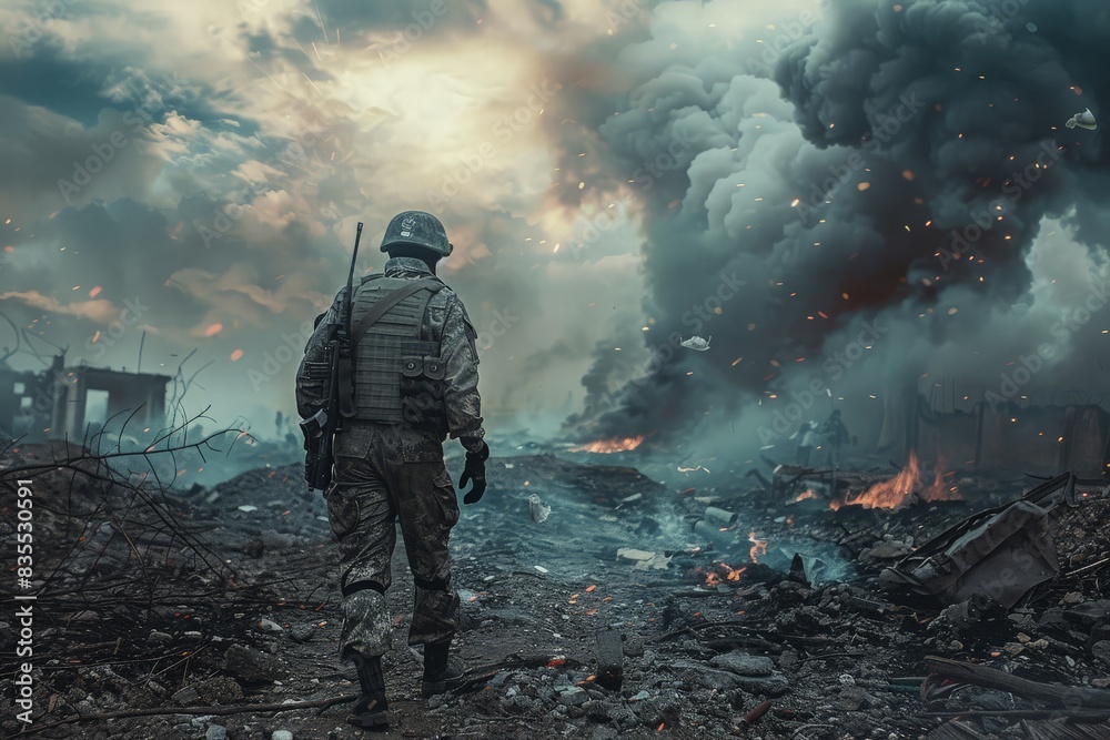 An illustration of a man at war in military attire with weapons walking through an explosion on the battlefield. A group of soldiers on a combat operation, war, battle, missile strike, soldiers. An illustration of a man at war in military attire with weapons walking through an explosion on the battlefield. A group of soldiers on a combat operation, war, battle, missile strike, soldiers.