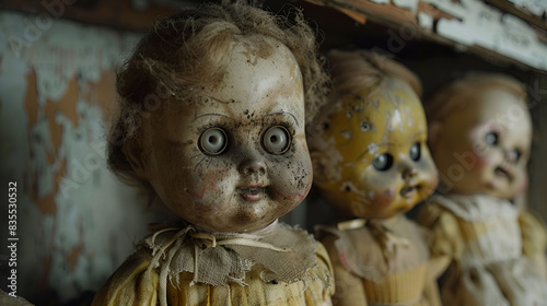 A collection of old, creepy dolls with cracked faces and eerie smiles. halloween concept 