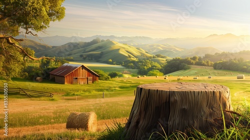 Tree Table wood Podium in farm display for food, perfume, and other products on nature background, Table in farm with grass, Sunlight at morning
