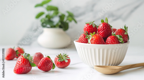Red  juicy strawberries in a white plate on a white tabletop