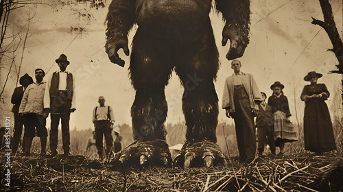 a fantasy vintage image of people with bigfoot strange giant creature, hallwoeen concept, ai generated