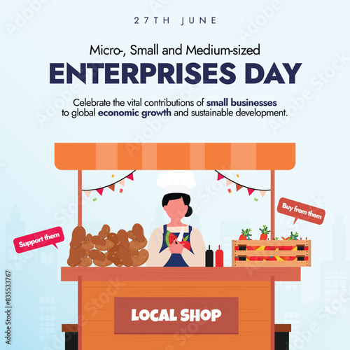 Micro, Small and Medium sized enterprises day banner. 27th June MSME day banner with a girl vendor with vegetable, fruits cart. The day is celebrated to appreciate MSME to the achievement of UN SDG'S