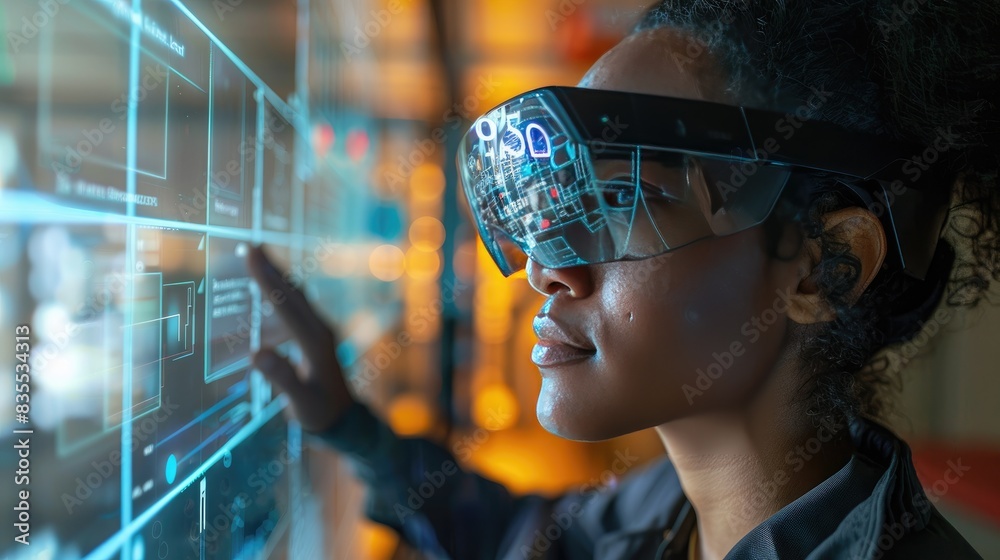 person wearing augmented reality glasses while interacting with virtual data overlays person wearing augmented reality glasses while interacting with virtual data overlays