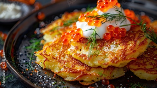 golden potato pancakes topped with sour cream, dill, and roe, served on a dark plate with warm lighting photo