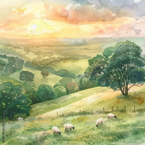 Watercolor painting of sheep grazing on lush green hills during sunset, capturing a tranquil and scenic countryside landscape.