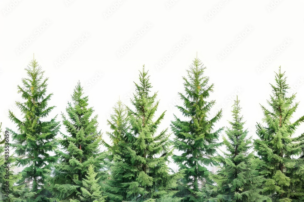 lush evergreen fir trees collage on white background digital painting
