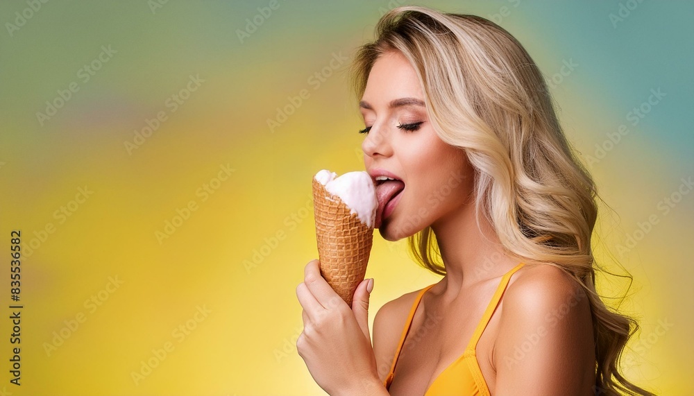 A portrait of an attractive young woman in a bikini, enjoying an ice cream, in front of a brightly colored background. A portrait of an attractive young woman in a bikini, enjoying an ice cream, in front of a brightly colored background.
