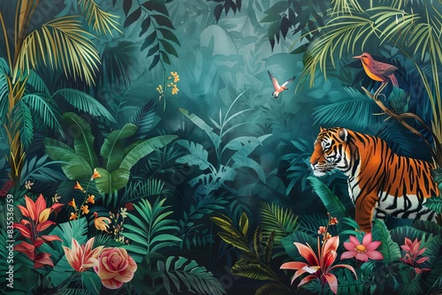 lush jungle scene with exotic animals and vibrant flora featuring tiger panther birds and palm trees tropical mural art