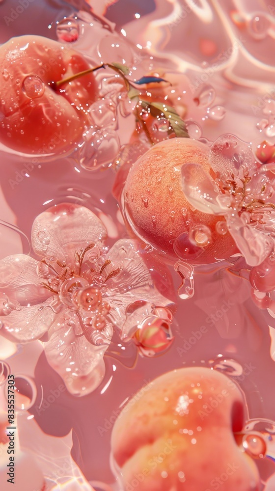 Peaches with vibrant red and yellow skins float in water, accompanied by delicate pink blossoms and green leaves. The scene is dynamic and refreshing with glistening droplets.