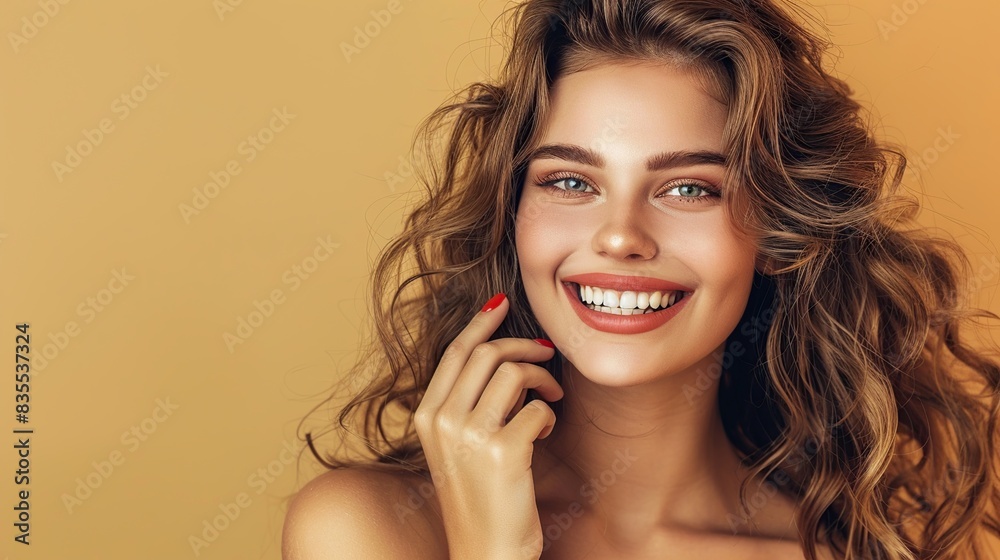 woman smiling with long wavy hair . Girl curly hairstyle and red manicure nails woman smiling with long wavy hair . Girl curly hairstyle and red manicure nails