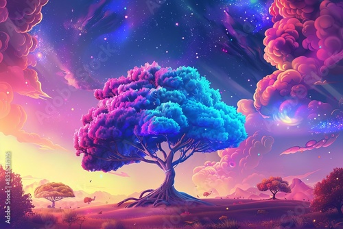 magical tree with brainshaped foliage in surreal fantasy landscape vibrant colors symbol of intelligence and knowledge culture conceptual illustration photo
