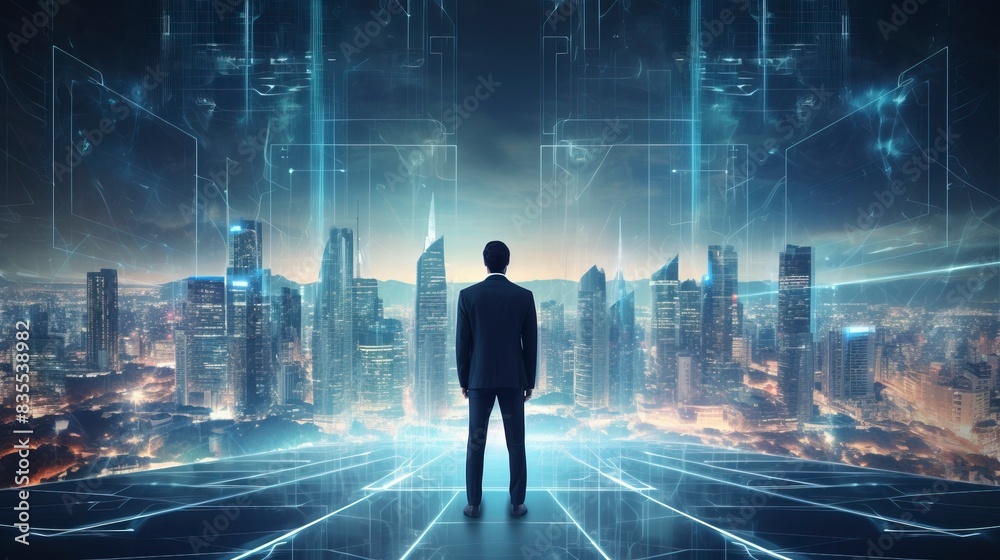 Business man on future network city, copy space, generative ai Business man on future network city, copy space, generative ai