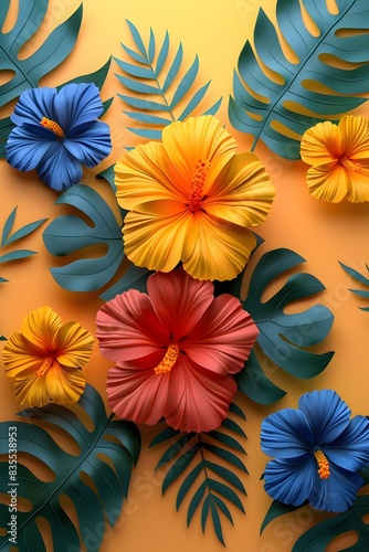 Flores campanilla 3d de papel cortado en tonos naranja y azul con hojas verdes en un fondo amarillo, arreglo floral de primavera ideal para tarjeta  photo