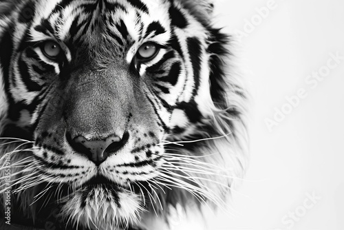 majestic tiger head closeup on clean white background powerful wild animal portrait high contrast black and white digital art