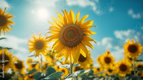Sunflower Field in Full Bloom under Clear Blue Sky with Vast Copy Space