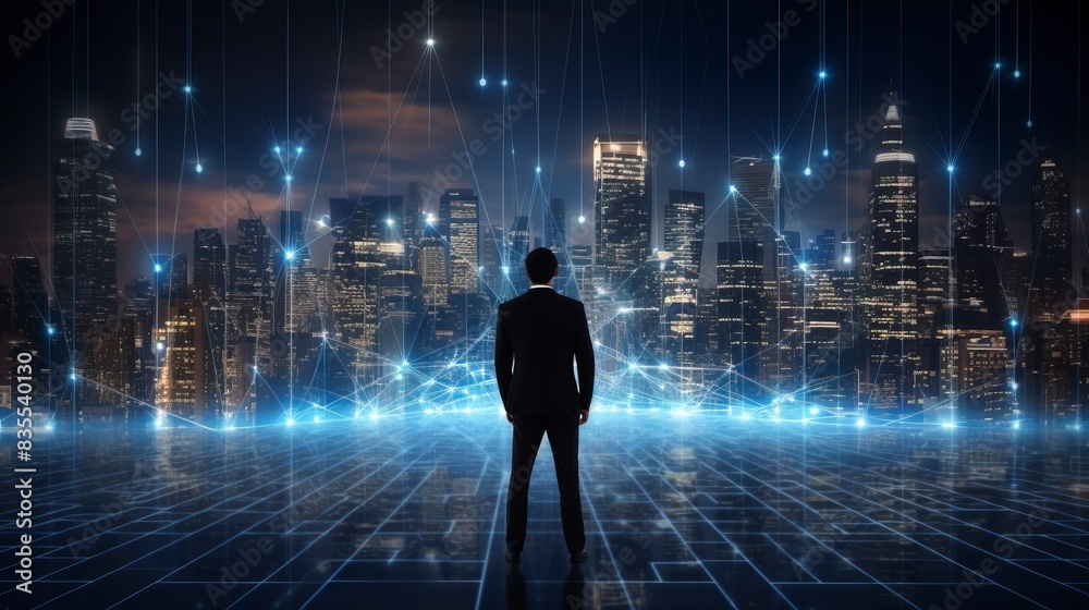 Business man on future network city, copy space, generative ai Business man on future network city, copy space, generative ai