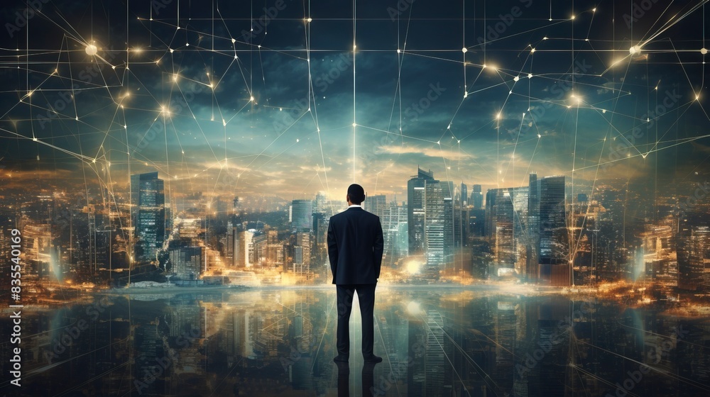Business man on future network city, copy space, generative ai Business man on future network city, copy space, generative ai