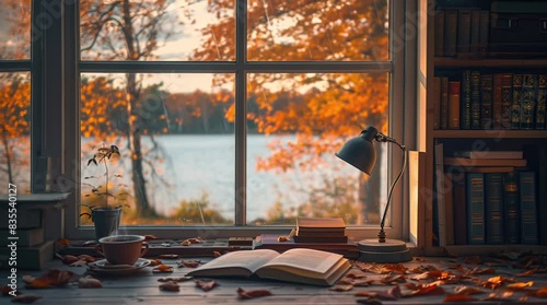 Cozy book and lamp by the window with an autumn landscape view. Tranquil reading nook.
 Seamless looping 4k time-lapse virtual video animation background. Generated AI