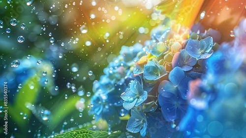Rainbow and Blue Hydrangeas on a Sunny Rainy Season Day - Generative AI