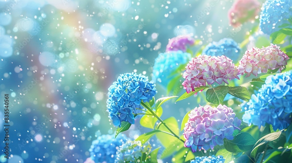 Sunny Day with Rainbow and Blue Hydrangeas During Rainy Season - Generative AI Sunny Day with Rainbow and Blue Hydrangeas During Rainy Season - Generative AI