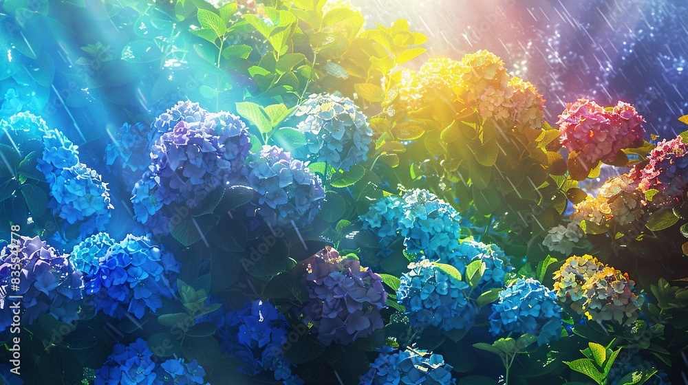 Fototapeta premium Sunny Rainy Season Day with Rainbow and Blue Hydrangeas - Generative AI