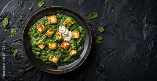 Palak Paneer, a vibrant dish featuring paneer cheese immersed in a deep green spinach sauce photo